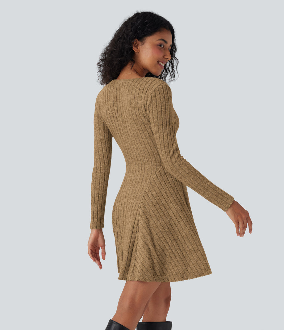 Ribbed Knit V Neck Long Sleeve Flare Mini Casual Dress with Pockets - Tan