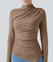 Mock-neck Long Sleeve Ruched Asymmetric Hem Thermal Casual Top - Amphora