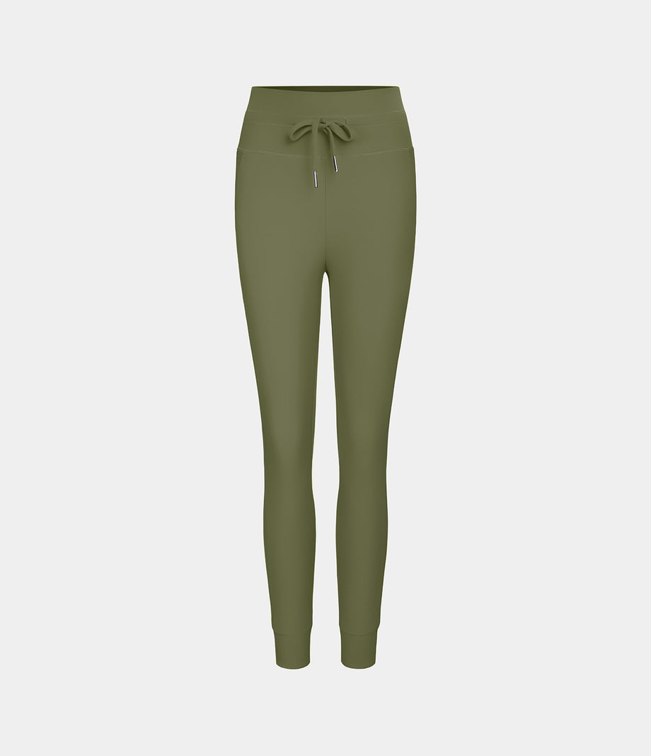 SoftlyZero™ Plush High Waisted Drawstring Pocket Plain Full Length Joggers - Loden Green