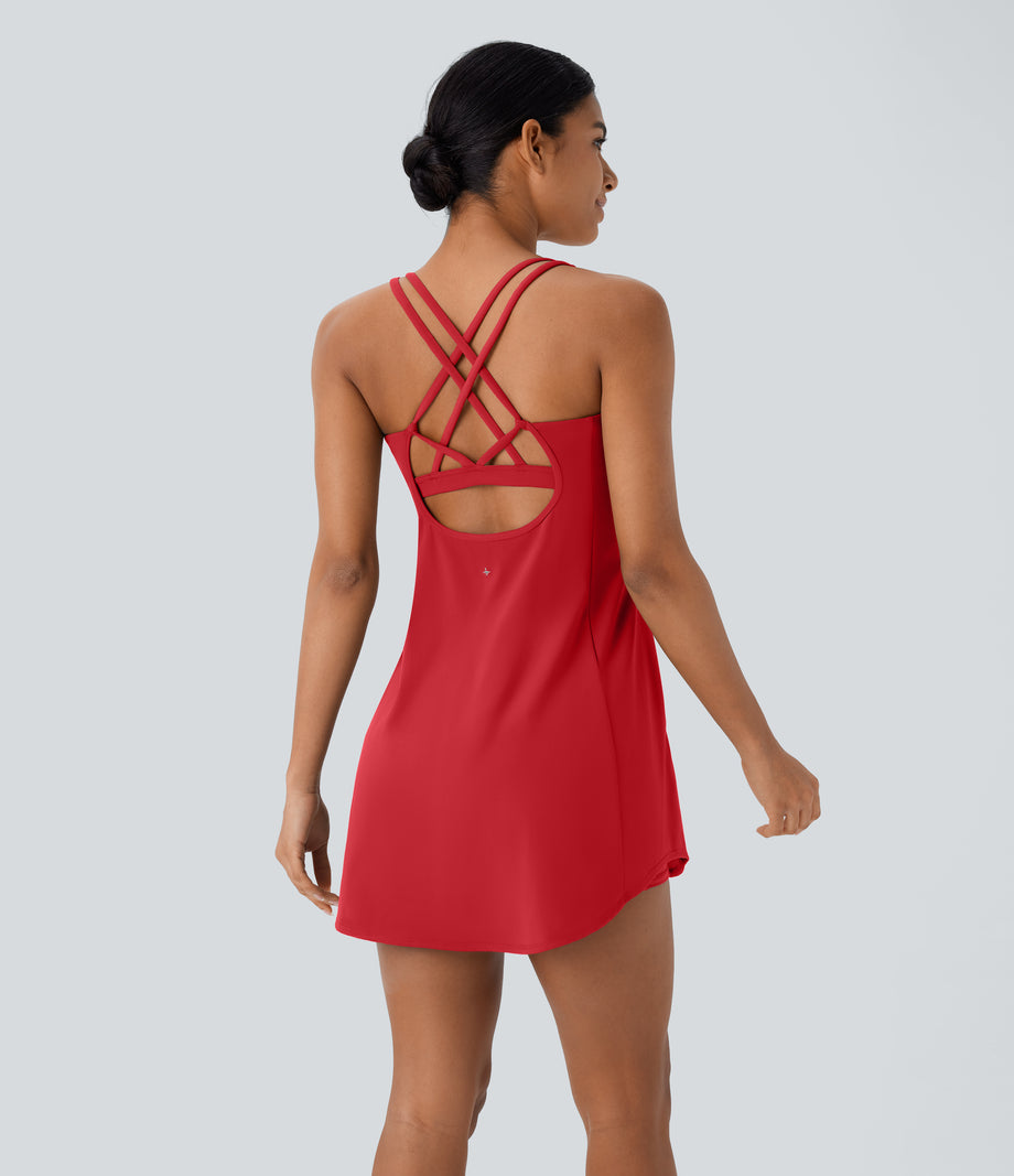 SoftlyZero™ Plush Cut Out Pocket 2-Piece Mini Yoga Active Dress - Mars Red