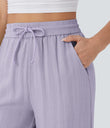High Waisted Drawstring Pocket Wide Leg Baggy Casual Linen-Feel Pants - Wanderlust - Lilac