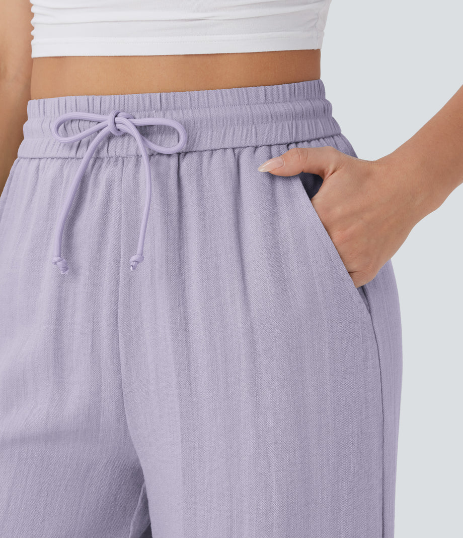High Waisted Drawstring Pocket Wide Leg Baggy Casual Linen-Feel Pants - Wanderlust - Lilac