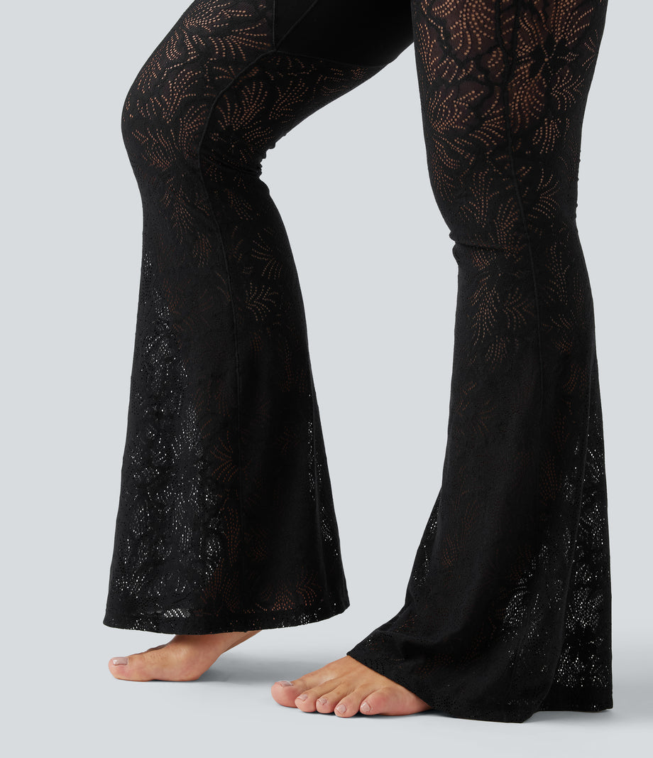 Halara UltraSculpt™ High Waisted Tummy Control Contrast Lace Yoga Flare Leggings with Pocket - Black