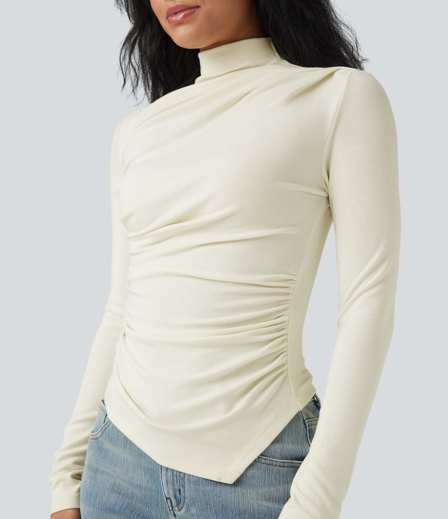 Mock-neck Long Sleeve Ruched Asymmetric Hem Thermal Casual Top - Lily White
