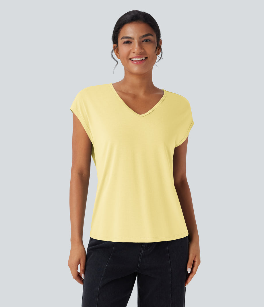 V Neck Short Sleeve Casual T-Shirt - Tender Yellow