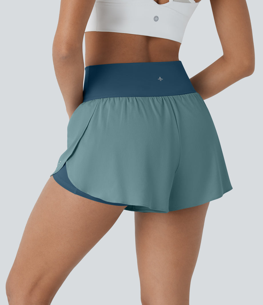 SoftlyZero™ QuickDry High Waisted Tummy Control Reflective Dots Crossover Hem 2-in-1 Running Shorts 3'' with Pockets - Dragonfly