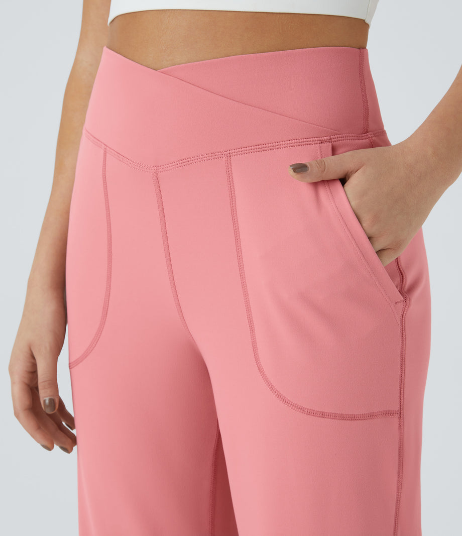 DayStretch Crossover Pocket Hem Wide Leg Yoga Pants-Smile - Candy Pink
