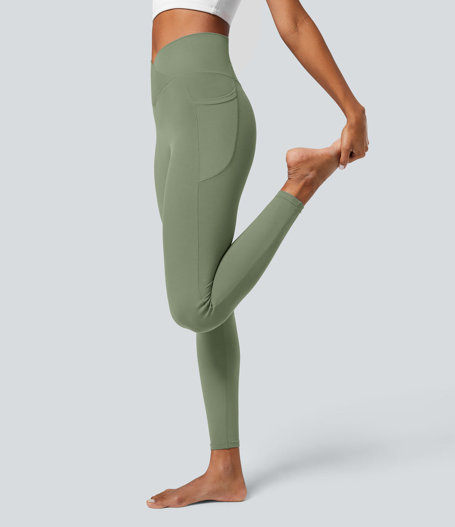 SoftlyZero™ Crossover Pocket Plain Leggings-UPF50+ - Asparagus