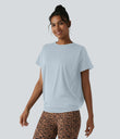 Round Neck Short Sleeve Ruched Cool Touch Yoga Sports Top-UPF50+ - Illusion Blue