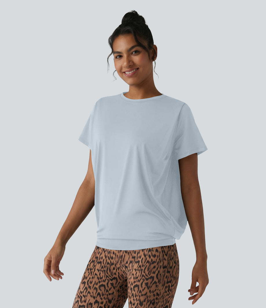 Round Neck Short Sleeve Ruched Cool Touch Yoga Sports Top-UPF50+ - Illusion Blue