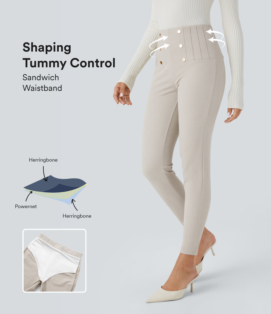 High Waisted Tummy Control Decorative Back Zipper Pockets Herringbone Work Leggings - Moonbeam