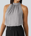 Keyhole Back Halter Sleeveless Curved Hem Work Blouse - Sandalwood Grey