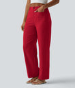 High Waisted Straight Leg Casual Linen-Feel Pants with Pockets - Cinnabar Glow Red