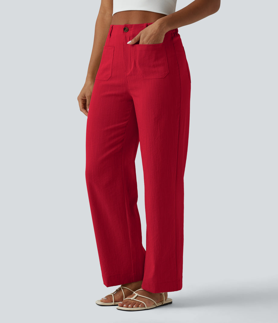High Waisted Straight Leg Casual Linen-Feel Pants with Pockets - Cinnabar Glow Red