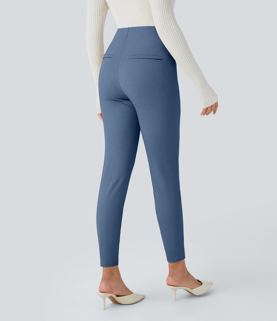High Waisted Tummy Control Decorative Back Zipper Pockets Herringbone Work Leggings - Blue Horizon