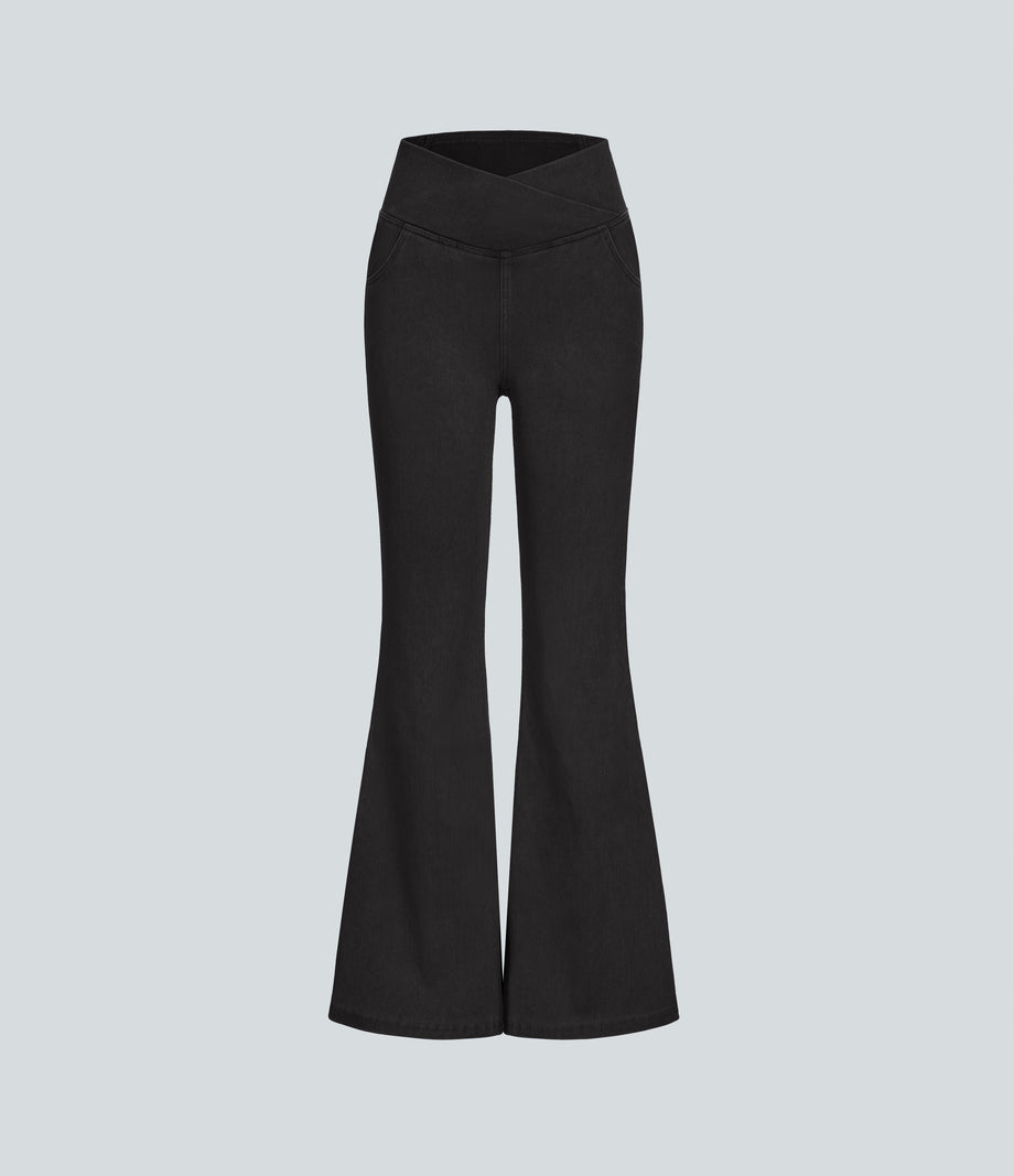 Halara Flex™ High Waisted Crossover Pocket Washed Casual Jeans - Black Denim