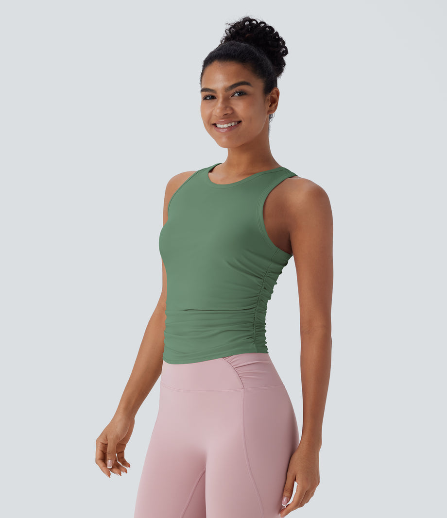 Round Neck Racerback Ruched Yoga Tank Top - Too Hot to Handle - Jade