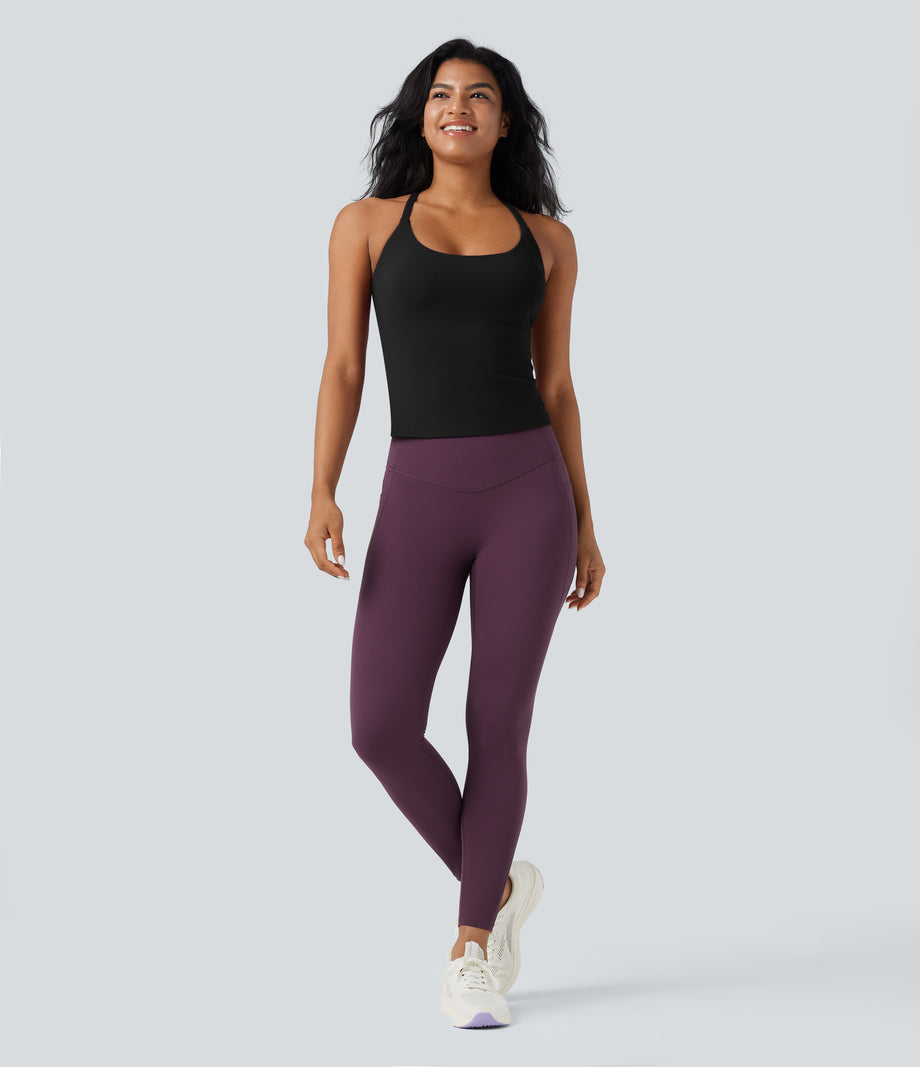 Scoop Neck Crisscross Back Crossover Hem Yoga Cami Top - Black