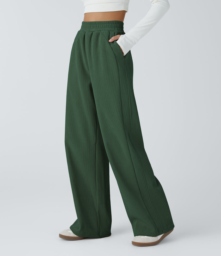 High Waisted Pocket Straight Leg Baggy Mop Corduroy Casual Pants - Greener Pastures