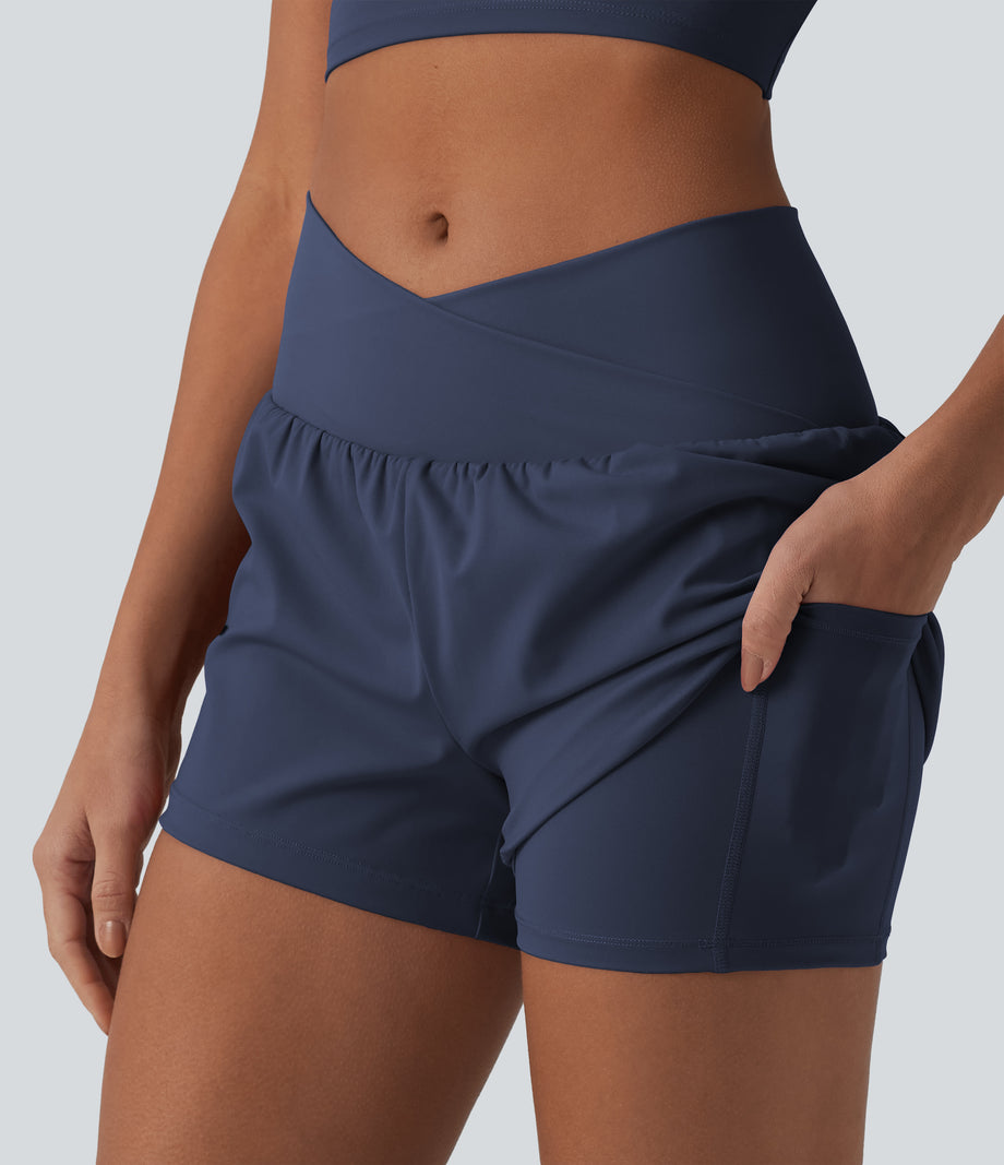 SoftlyZero™ Airy Crossover High Waisted 2-in-1 Cool Touch Yoga Shorts 3'' with Pockets - Mood Indigo