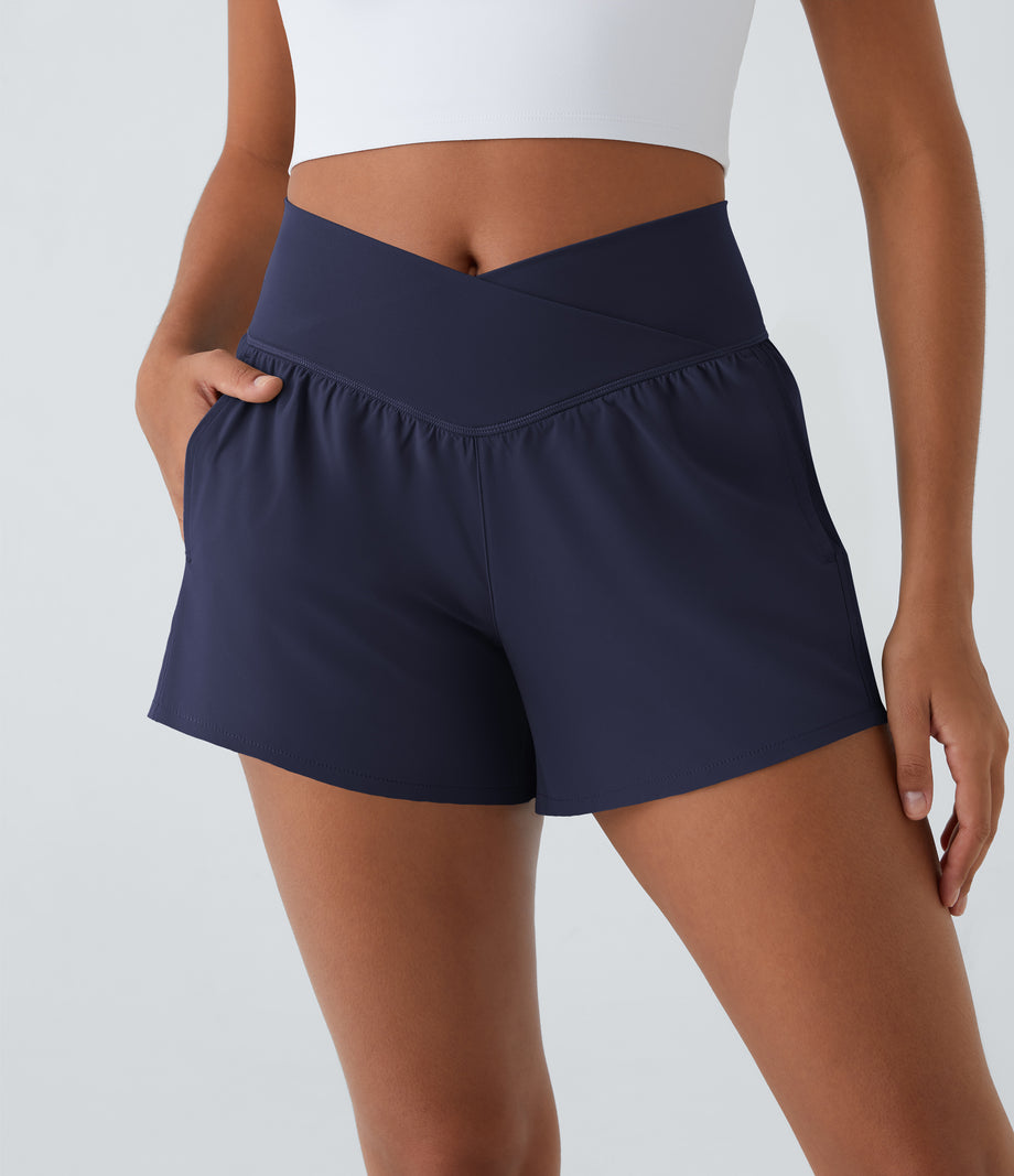 Breezeful™ High Waisted Crossover Pocket 2-in-1 Quick Dry Yoga Shorts 4" - Patriot Blue