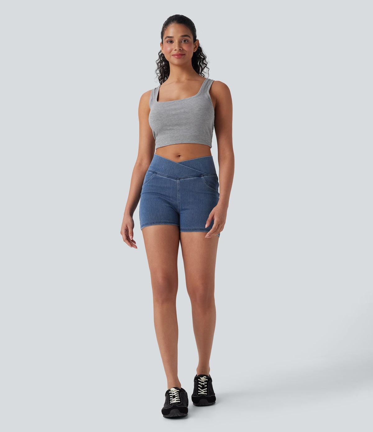 Halara Flex™ High Waisted Crossover Pocket Denim Casual Shorts 3" - Washed Denim Bleached Blue