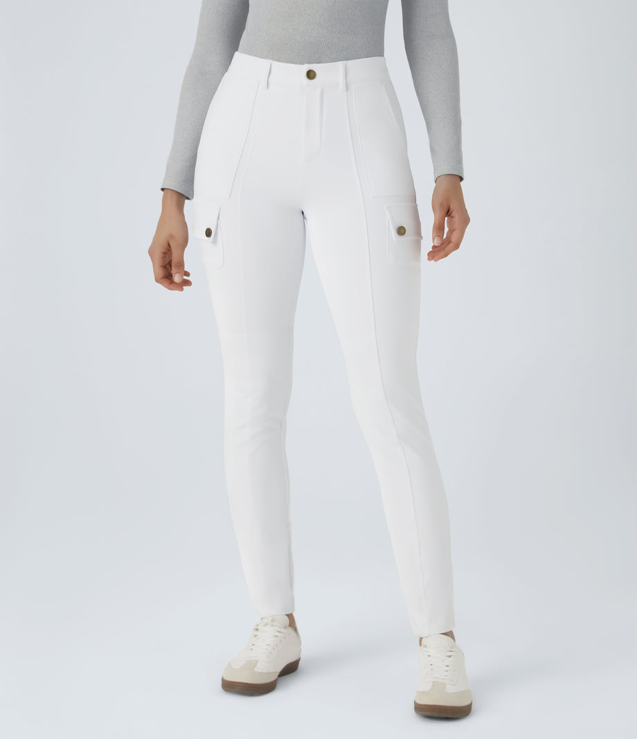 DayStretch High Waisted Zipper Pockets Solid Skinny Cargo Pants - White