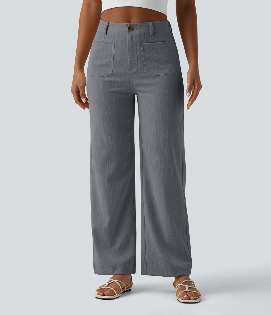 High Waisted Straight Leg Casual Linen-Feel Pants with Pockets - Obsidian Weave