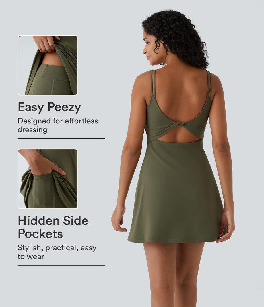 SoftlyZero™ Plush Double Straps 2-Piece Pocket Slip Dance Active Dress A-D Cups - Grass Grey Green