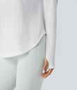 One Shoulder Long Sleeve Thumb Hole Curved Hem High Low Quick Dry Yoga Sports Top-Built-in Bra - White