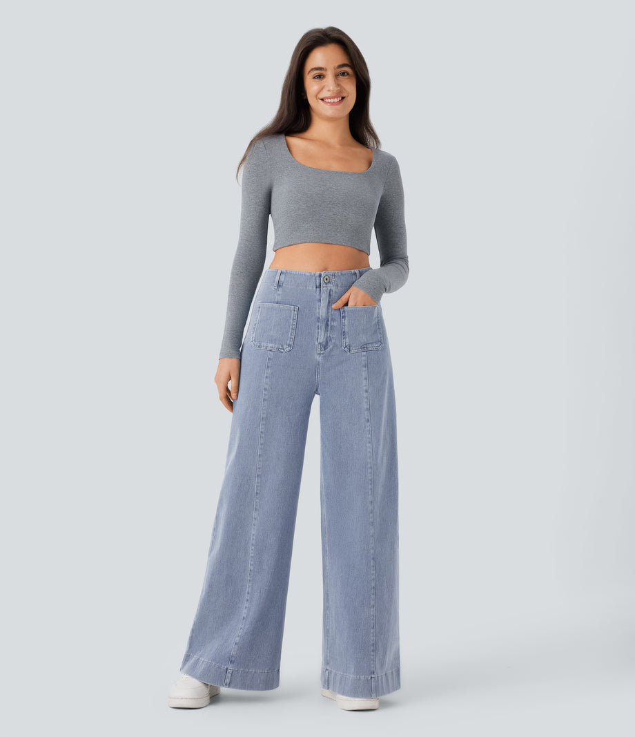 Halara Flex™ High Waisted Pockets Washed Casual Wide Leg Jeans - Blue Ice Denim