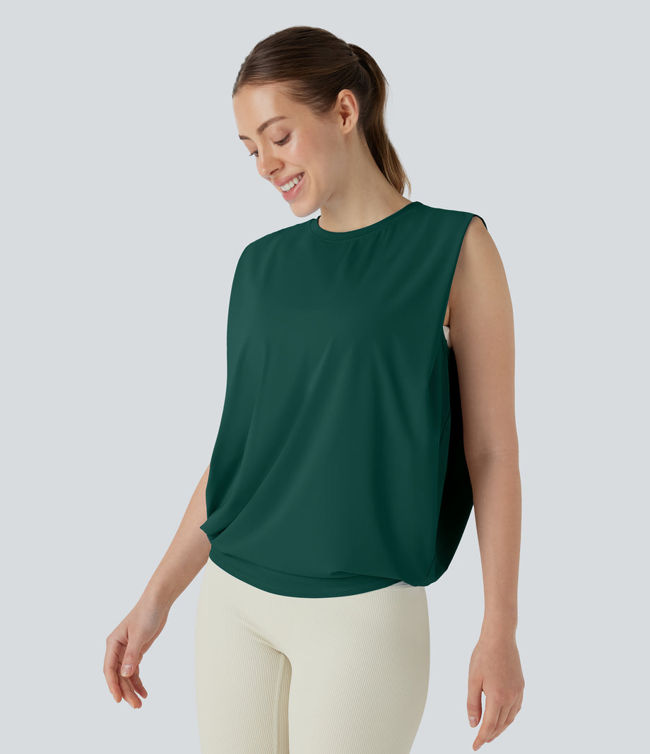 Round Neck Ruched Cool Touch Yoga Tank Top-UPF50+ - Rain Forest