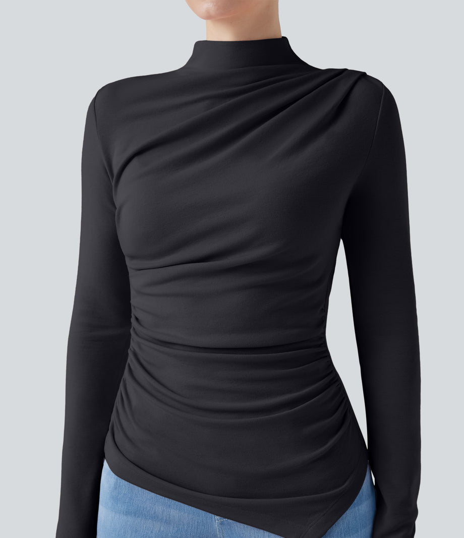 Mock-neck Long Sleeve Ruched Asymmetric Hem Thermal Casual Top - Charcoal Art