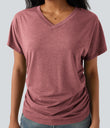 V-neck Short Sleeve Ruched Relaxed Casual Top - Brick Red Mix
