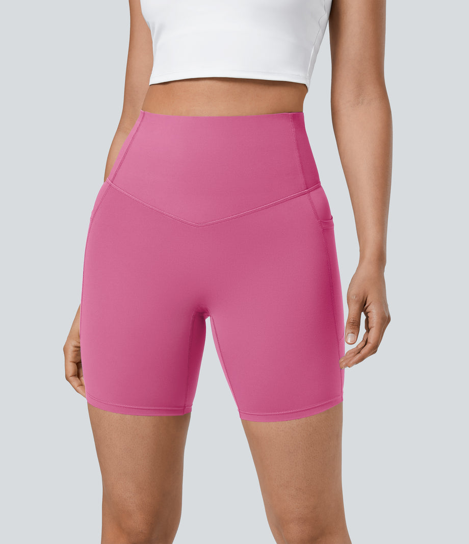 Halara UltraSculpt™ High Waisted Tummy Control Pocket Shaping Training Biker Shorts 7'' - Pink Power