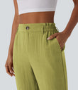 High Waisted Zipper Pocket Cropped Linen-Feel Pants - Moss