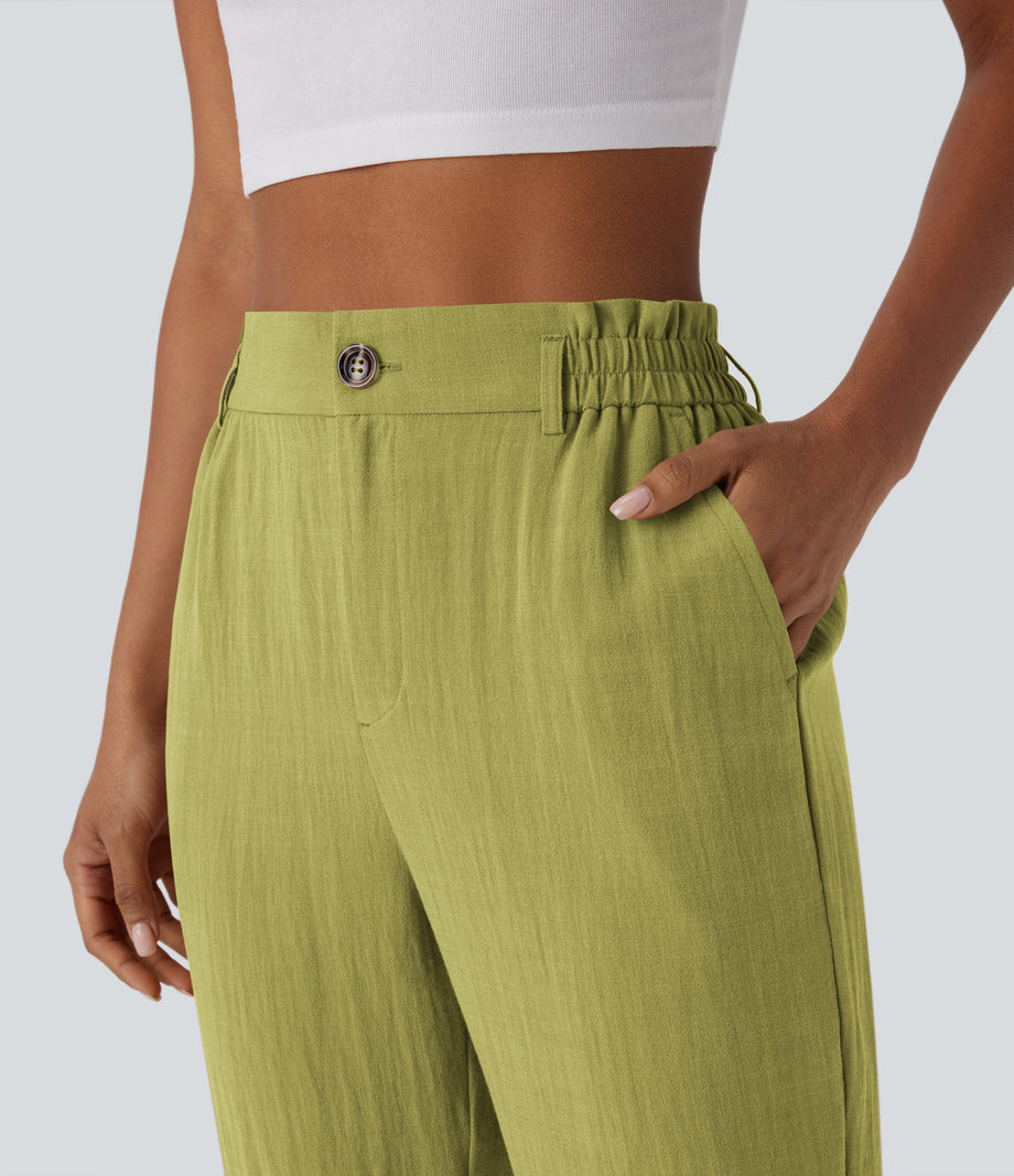 High Waisted Zipper Pocket Cropped Linen-Feel Pants - Moss