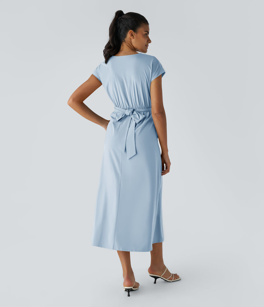 Breezeful™ V Neck Short Sleeve Pocket Tie Back Quick Dry Midi Casual Dress-Longer Length - Ballad Blue