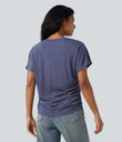 V-neck Short Sleeve Ruched Relaxed Casual Top - Gray Blue