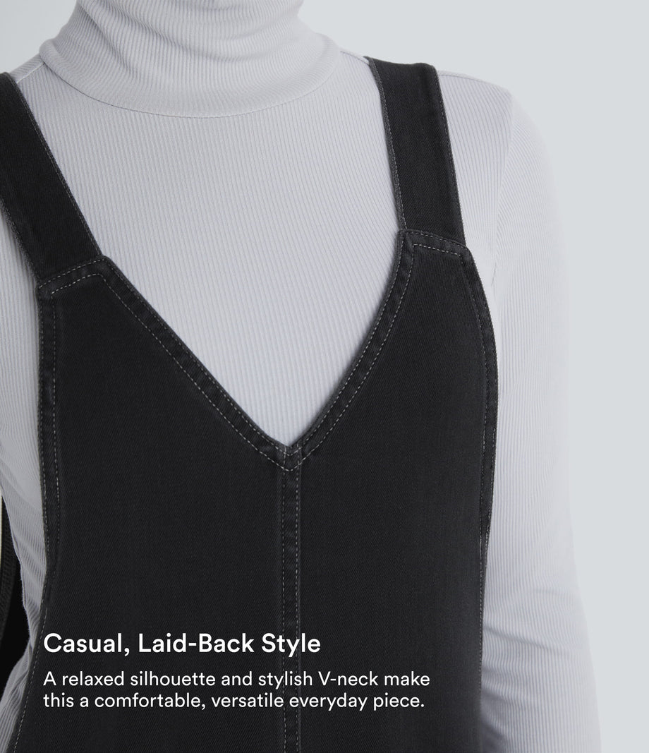 Halara Flex™ V Neck Pocket Washed Denim Casual Overalls - Dirty Grey Black Denim