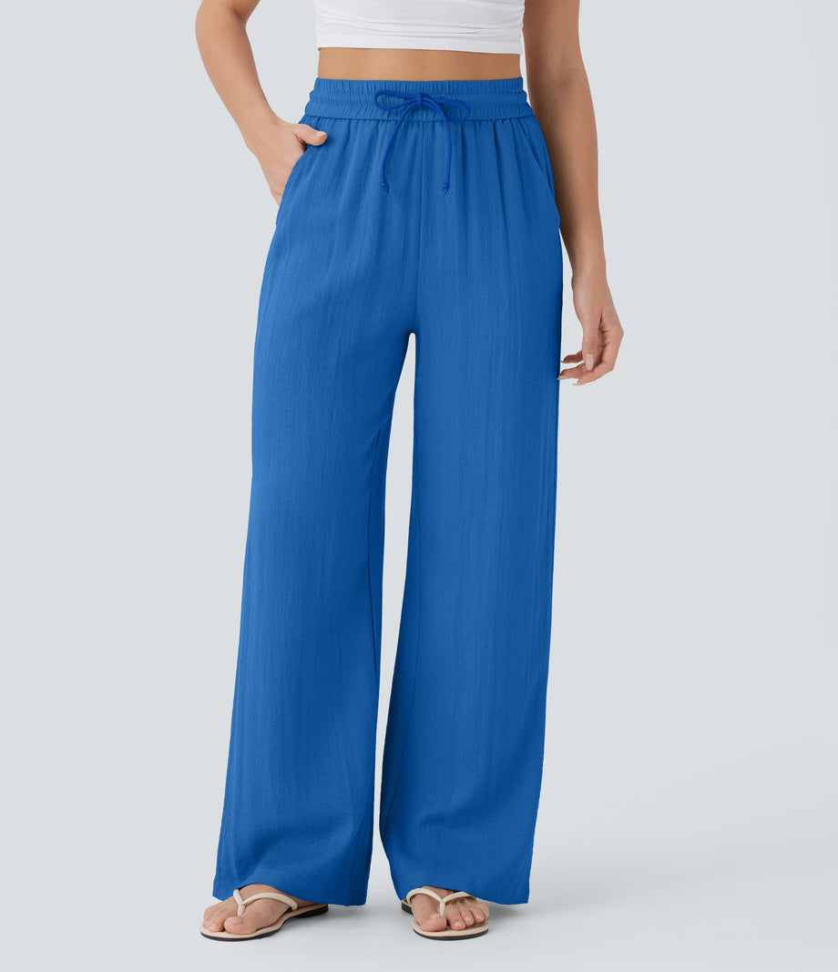 High Waisted Drawstring Pocket Wide Leg Baggy Casual Linen-Feel Pants - Strong Blue
