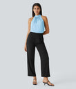 Keyhole Back Halter Sleeveless Curved Hem Work Blouse - Rippling Blue