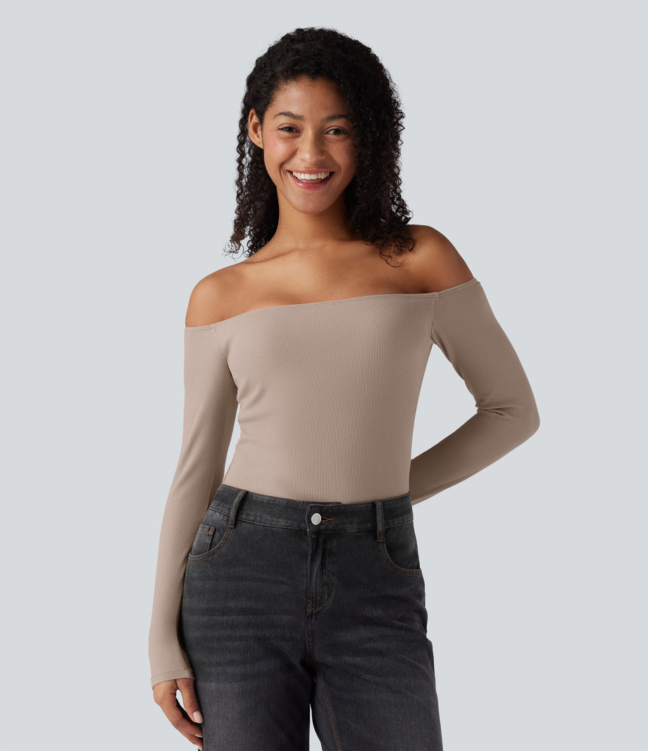 Ribbed Knit Off Shoulder Long Sleeve 2-in-1 Casual Top - Light Taupe