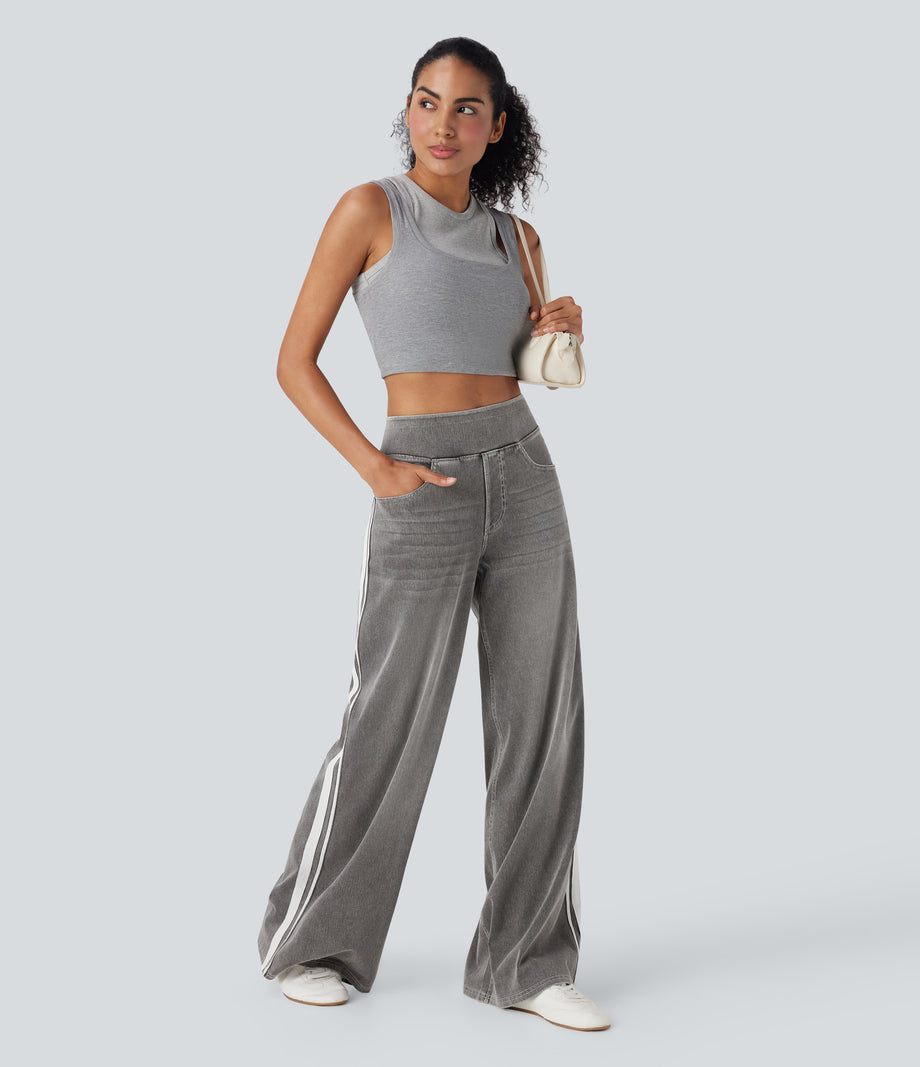 Halara Flex™ High Waisted Stripe Wide Leg Flowy Washed Casual Jeans with Pockets - Cool Gray Denim