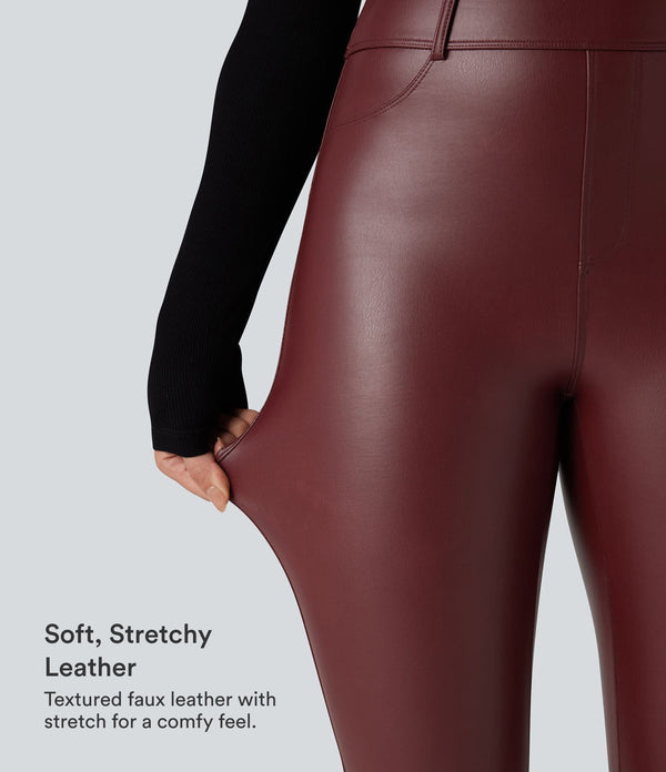 High Waisted Stretchy PU Fleece Casual Leggings with Pockets - Andorra