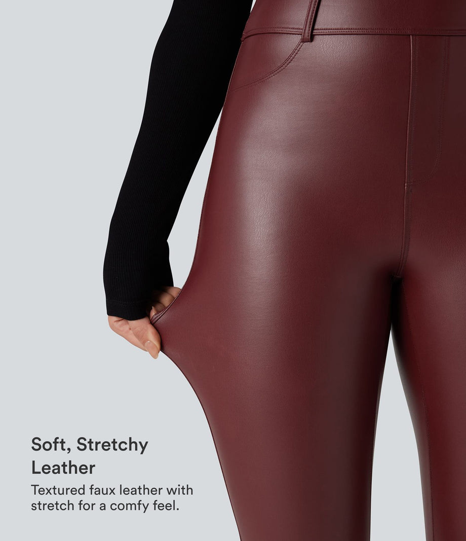 High Waisted Stretchy PU Fleece Casual Leggings with Pockets - Andorra