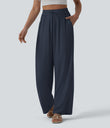High Waisted Drawstring Wide Leg Casual Linen-Blend Pants with Pockets - Always in a Mood - Dark Blue