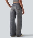 Mid Rise Denim Print French Terry Casual Sweatpants Jeans with Pockets - Painted Vintage Blue