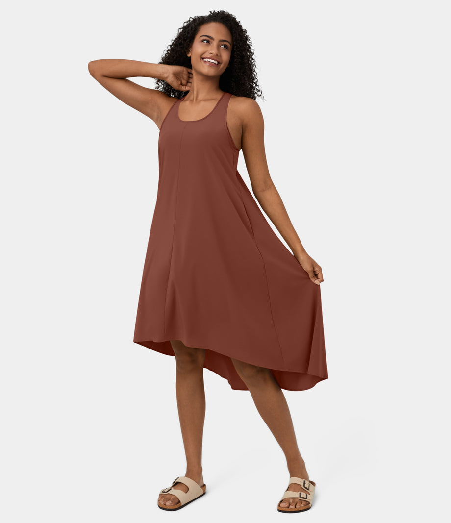 Breezeful™ Backless Racerback Side Pocket High Low Flowy Midi Quick Dry Casual Dress - Rust