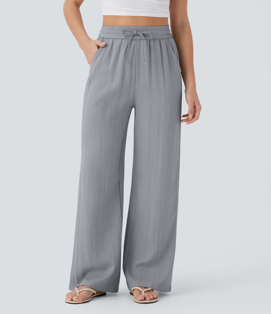 High Waisted Drawstring Pocket Wide Leg Baggy Casual Linen-Feel Pants - Steel Gray